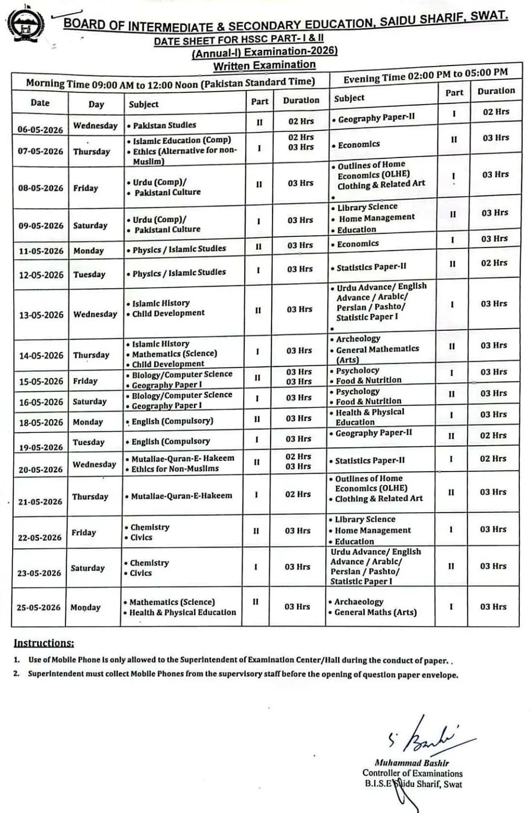 BISE Saidu Sharif Swat Date Sheet 2026 Announced for HSSC Part I & II